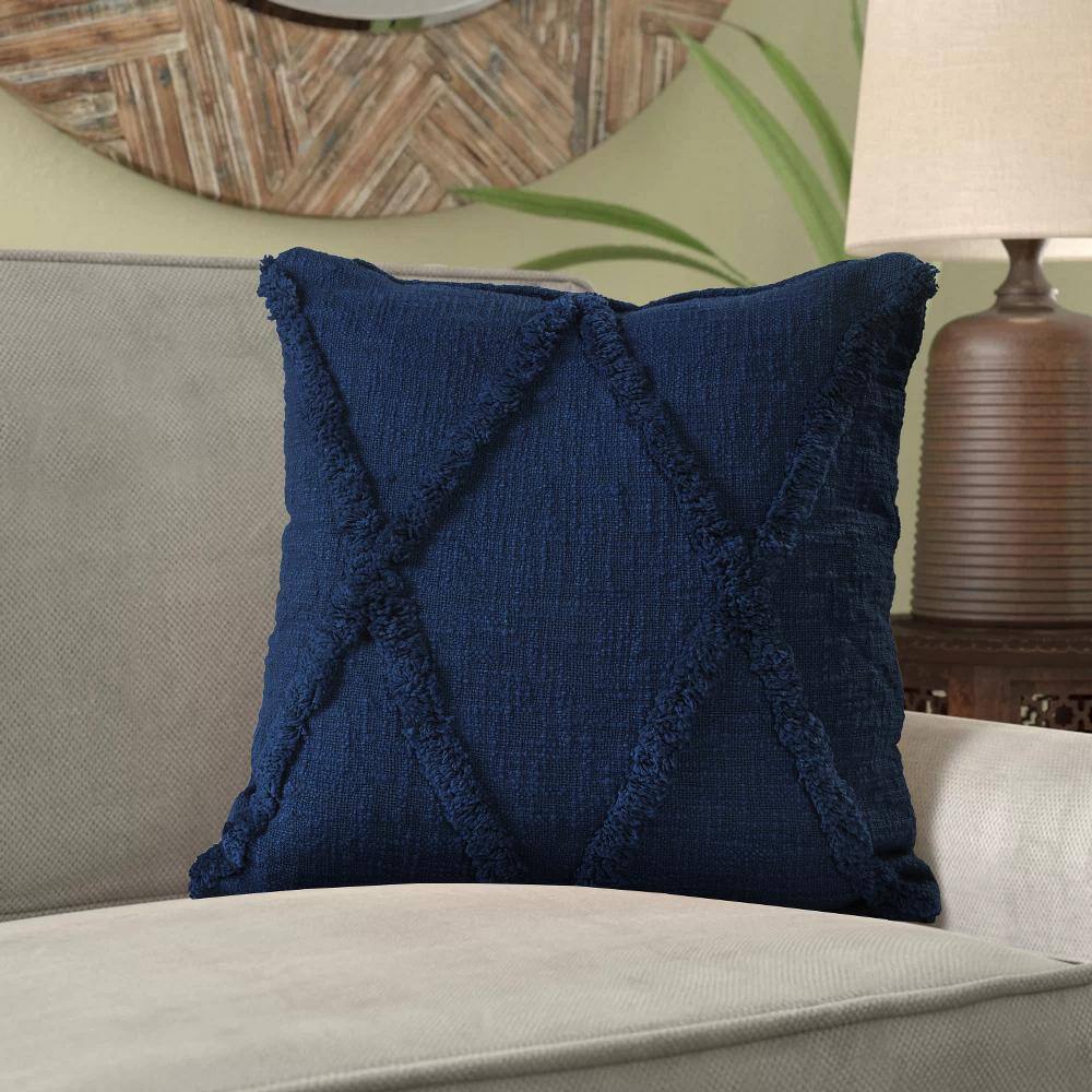 Navy Blue Cotton Diamond Tufted Square Throw Pillow 18"