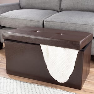 Brown Faux Leather Large Foldable Storage Bench Ottoman