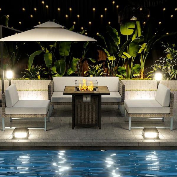 Unbranded Light Brown Rattan Wicker 5-Piece Outdoor Patio Square Fire Pit Furniture Set with Light Gray Cushions