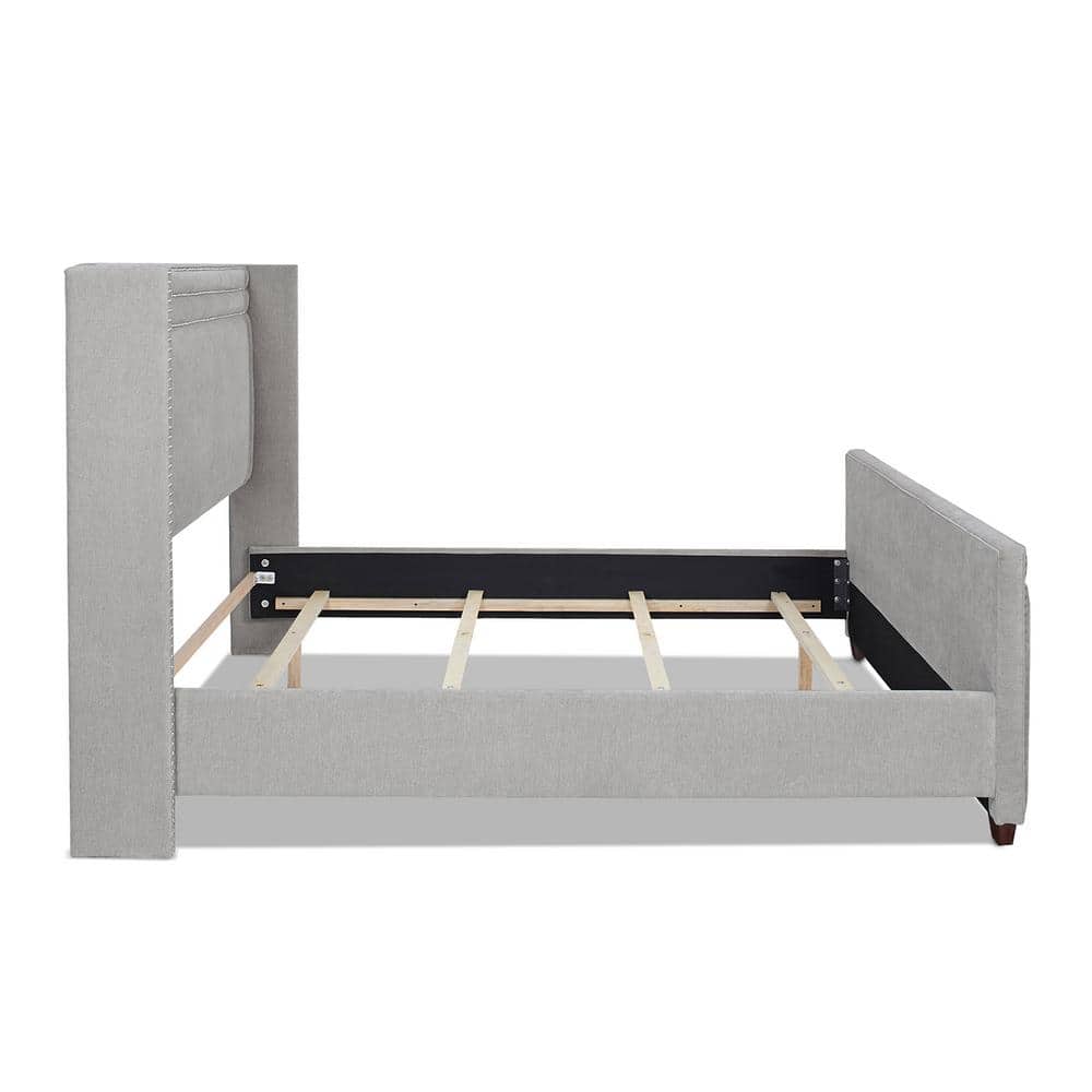 Elegant Silver Grey King Wingback Bed with Nailhead Trim and Pine Frame
