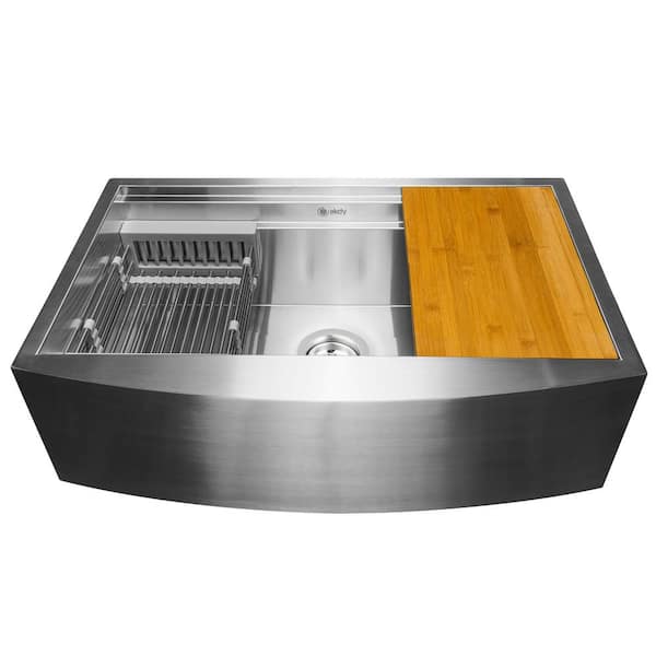 AKDY Handmade Farmhouse Apron Front 33 in. x 20 in. Single Bowl Kitchen Sink in Stainless Steel with Accessories