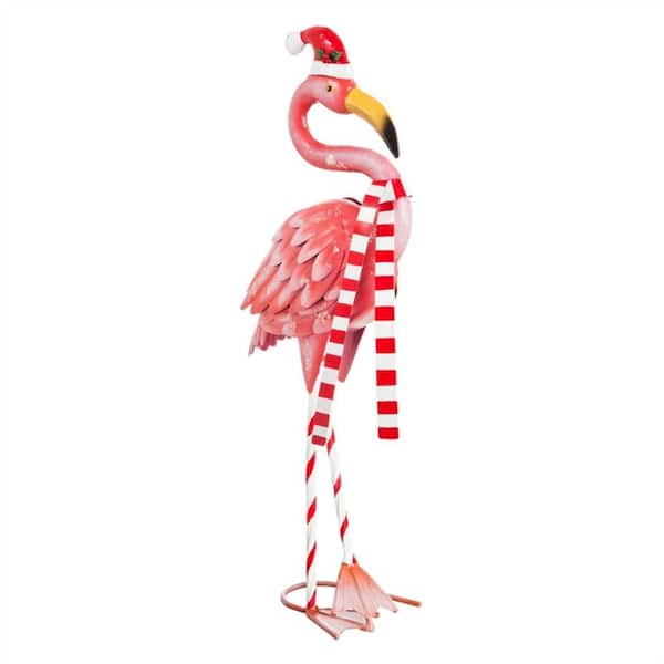 Evergreen 40 in. Metal Santa Flamingo Garden Statue