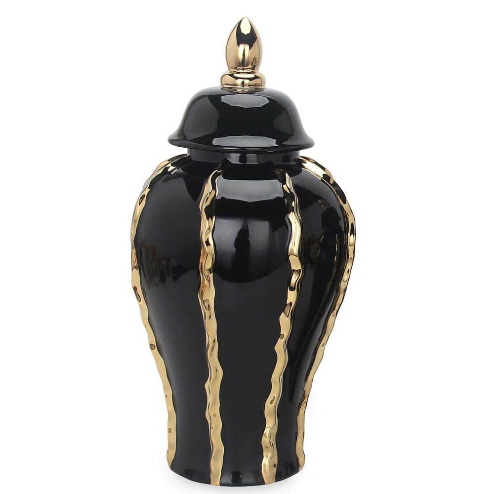 18 in. x 8.5 in. Elegant Black Ceramic Decorative Ginger Jar Vase with Gold
