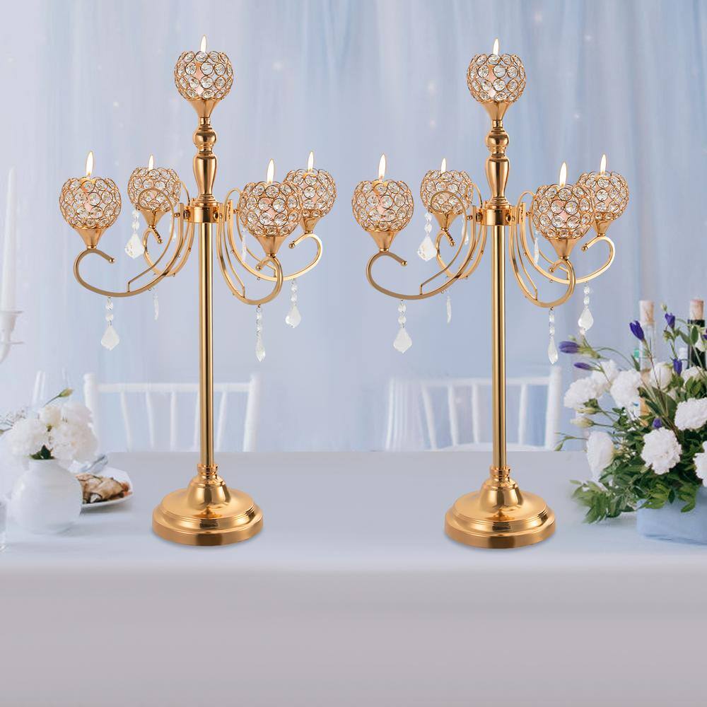 Gold Crystal 5-Arm Tabletop Candelabra Set