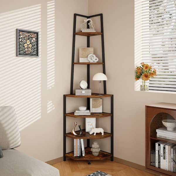 69" 6-Tier Industrial Corner Shelf, Rustic Brown Corner Bookshelf, Accent Storage for Living Room, Bedroom, Home Office