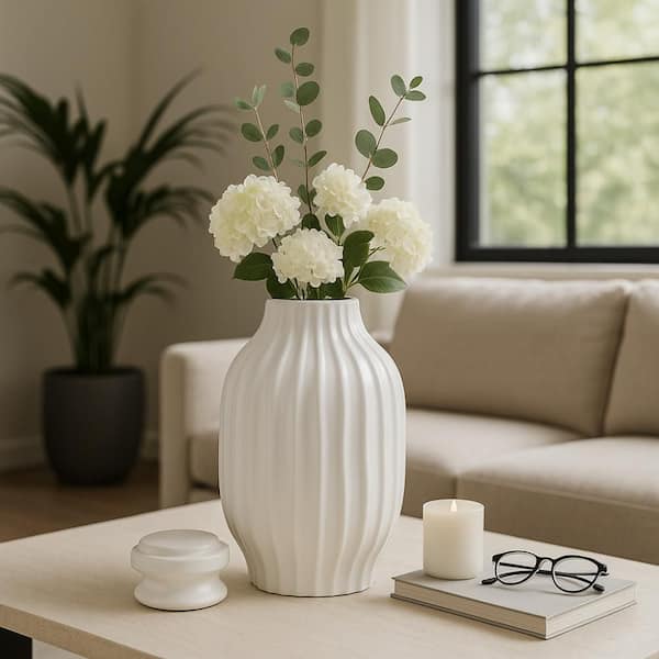 19 in. White Ceramic Geometric Lidded Decorative Vase