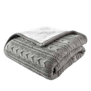 Stone Gray Cozy Cable Knit Throw Blanket with Sherpa Reverse