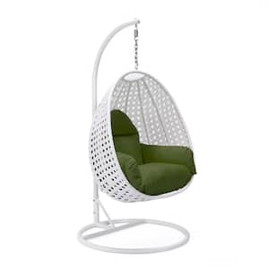 White Wicker Indoor Outdoor Hanging Egg Swing Chair For Bedroom and Patio with Stand and Cushion in Dark Green