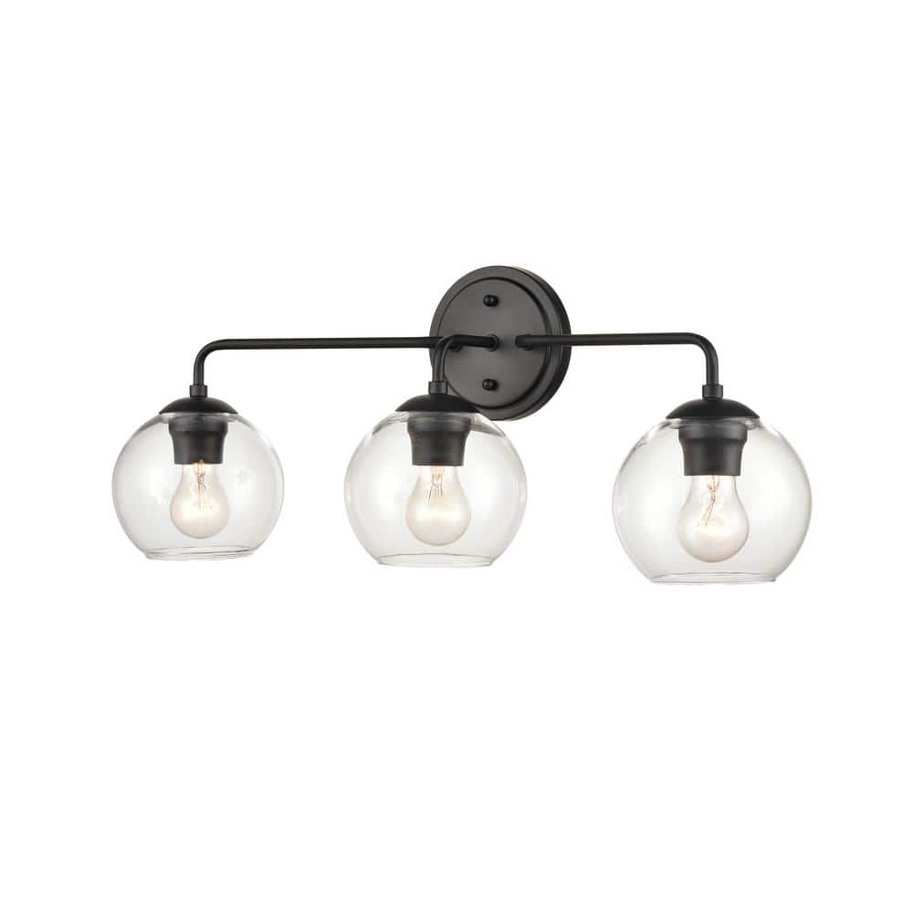 Matte Black 3-Light Vanity Wall Fixture with Clear Glass Shades