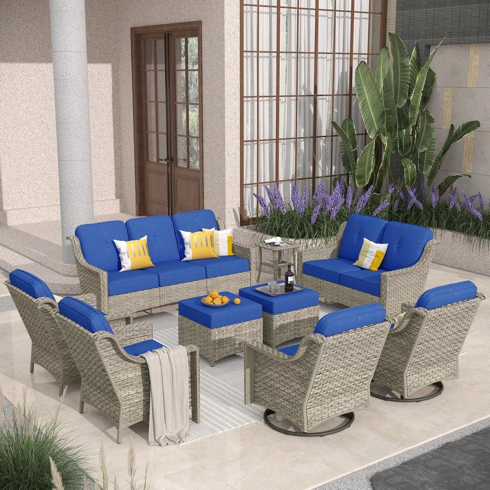 Toject Eureka Gray 9-Piece Wicker Modern Outdoor Patio Conversation Sofa Seating Set with Swivel Chairs and Navy Blue Cushions