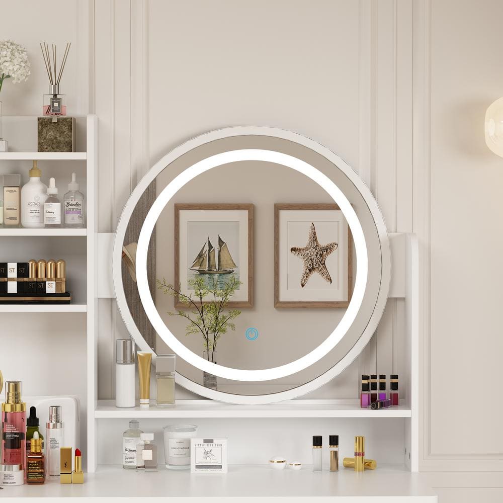 White Wood Makeup Vanity Set with LED Mirror and Stool