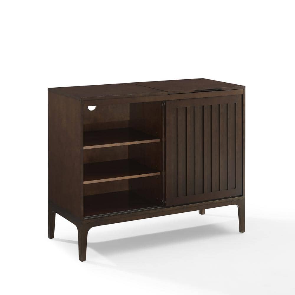 Sleek Dark Brown Slatted Media Console with Record Storage