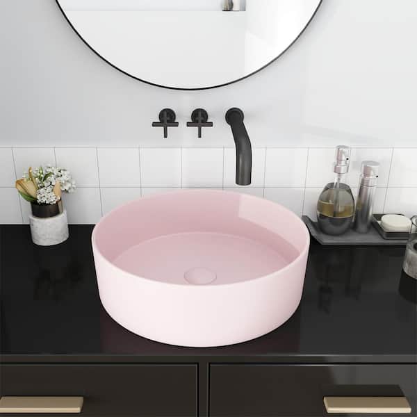 INSTER ART 15.75 in. L x 15.75 in. W x 4.75 in. H Bathroom Matte Pink Ceramic Round Vessel Sink Art Basin (without Drainer)
