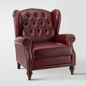 Pablo Burgundy 33 in. Wide Genuine Leather Arm Chair with Solid Tapered Wood Legs and Classic Wingback Design