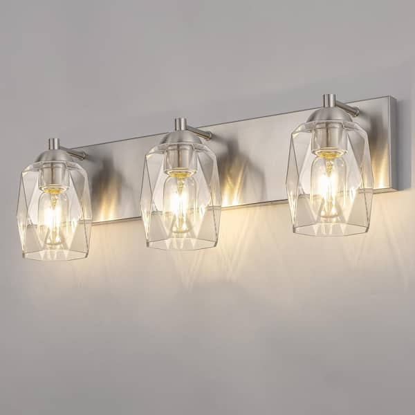 YANSUN 22 in. 3 Light Nickel Modern Unique Cylinder Vanity Light for Bathroom Mirror with Glass Shades