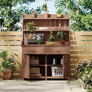 46 .1 in.W x 65 in.H Garden Potting Brown Fir Workbench Trellis with Storage Shelf, Drawers, Cabinet with Magnetic Doors