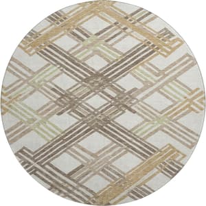 Mayfield Premium Machine Washable Abstract AMF2452 Ivory 8 ft. x 8 ft. Round Rug