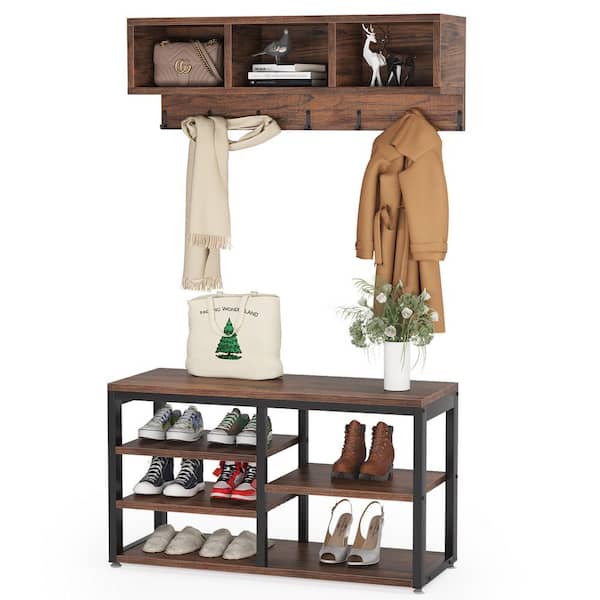 Tribesigns Shoe Storage Entryway Shoe Bench with Wall Mounted Coat Rack and  7 Hooks Vintage Oak