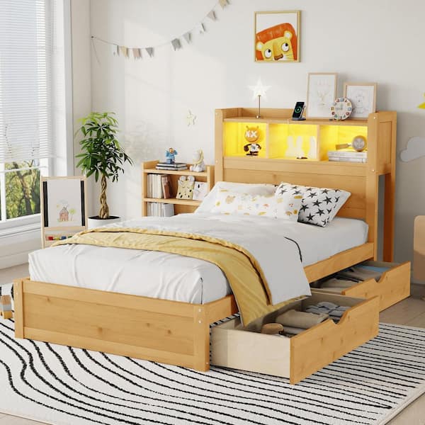 Winnie Natural Brown Wood Frame Twin Size Platform Bed with Storage Headboard, Drawers, Pull Out Cabinet, LED Lighting