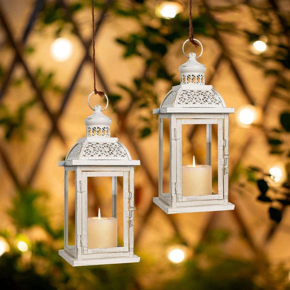14.4 in. x 5.5 in. Beige White Metal Vintage Lantern without