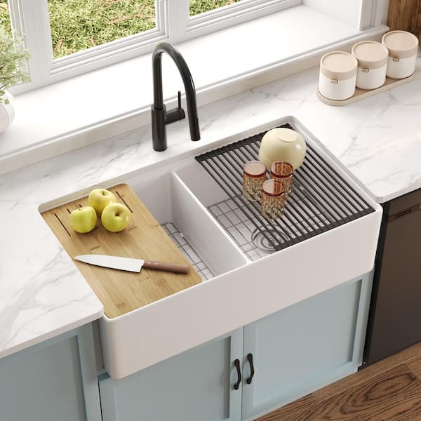 36 in. Farmhouse DoubleBowl White Fireclay Workstation Kitchen Sink with Grid and Strainer