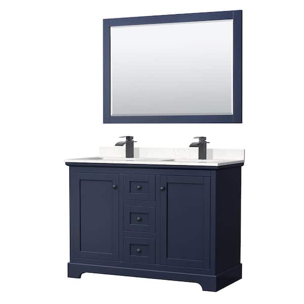 Wyndham Collection Avery 48 in. W x 22 in. D x 35 in. H Double Bath Vanity in Dark Blue with Carrara Cultured Marble Top and 46 in. Mirror