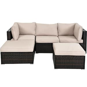 5-Piece PE Wicker Outdoor Patio Conversation Sofa Set with Beige Cushions and Ottoman