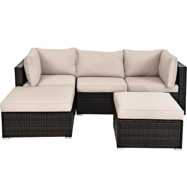 ANGELES HOME 5-Piece PE Wicker Outdoor Patio Conversation Sofa Set with Beige Cushions and Ottoman