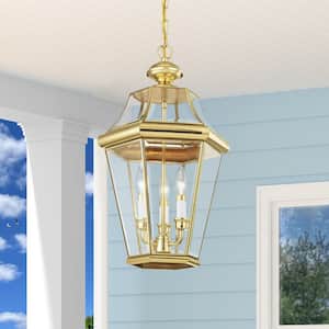 Cresthill 25 in. 3-Light Polished Brass Dimmable Outdoor Pendant Light with Clear Beveled Glass and No Bulbs Included