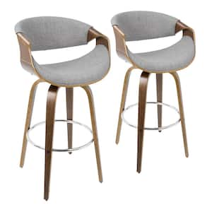 Curvini 40 in. Grey Fabric and Walnut Wood High Back Bar Stool with Round Chrome Footrest (Set of 2)