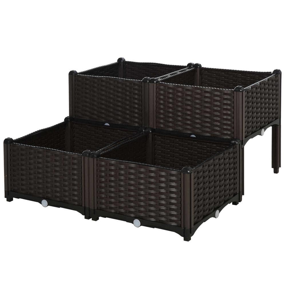 Brown 4-Piece Plastic Raised Garden Bed Planter Set
