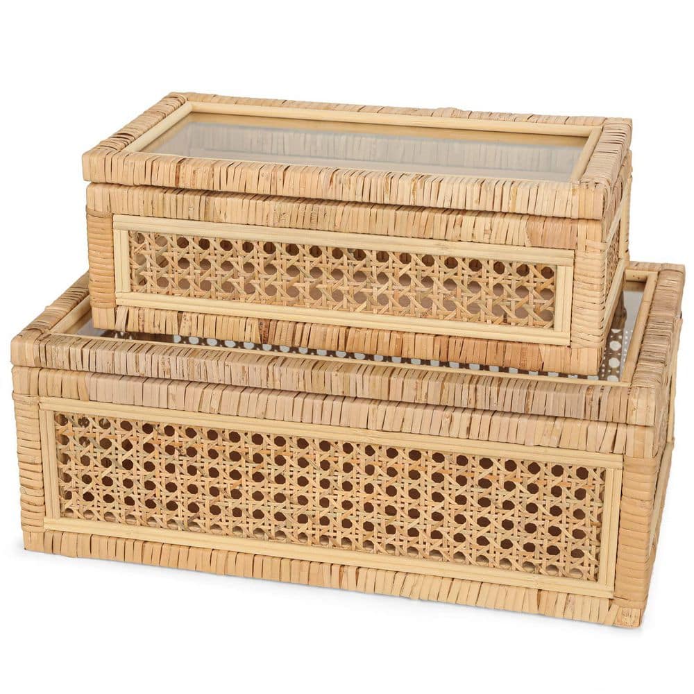 Boho Rattan Display Box Set of 2 with Glass Lids-Natural Woven Storage ...