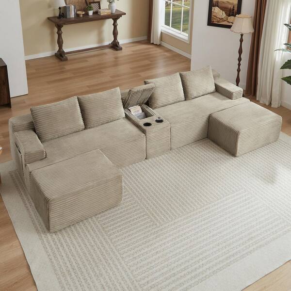 Modern 140.6 in. Corduroy U-Shaped Modular Sectional Sofa with 2 Ottomans and Cup Holders in Camel