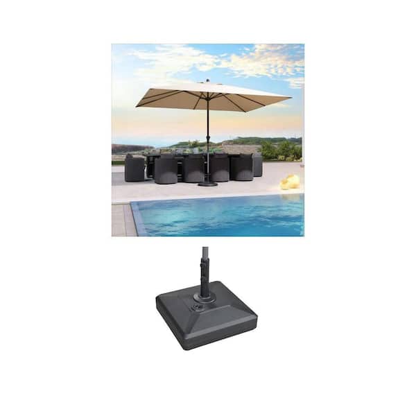 9 ft. x 11 ft. Beige Market Umbrella with Aluminum Frame and 154 lbs. Black Umbrella Base