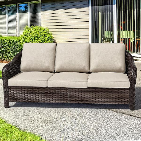 JOYSIDE 3-Seat Brown Wicker Outdoor Couch Patio Sofa with Thick Beige Cushions