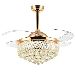 42 in. Modern Indoor Gold Ceiling Fan Retractable Blade with LED Light and Remote Control Crystal Light