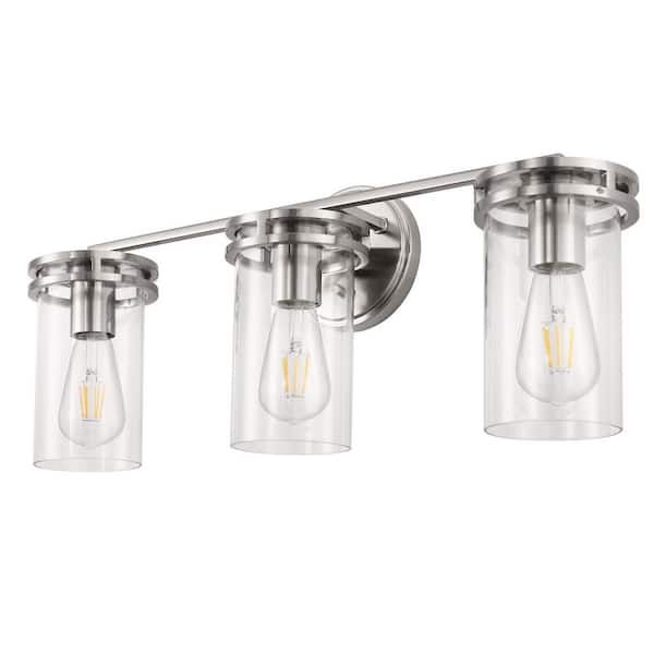 24 in. 3-Light Brushed Nickel Vanity Light with Cylindrical Glass Shade for Mirror, Powder Room or Dressing Room