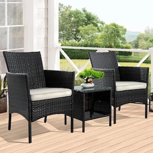 3-Piece Brown Wicker Outdoor Dining Set, Square Table and Rattan Chairs with White Cushions