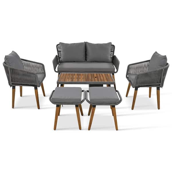 URTR 6-Piece Wood Patio Conversation Set with Table with Ice Bucket, Armchair, Ottoman Outdoor Bistro Chat Set, Gray Cushion