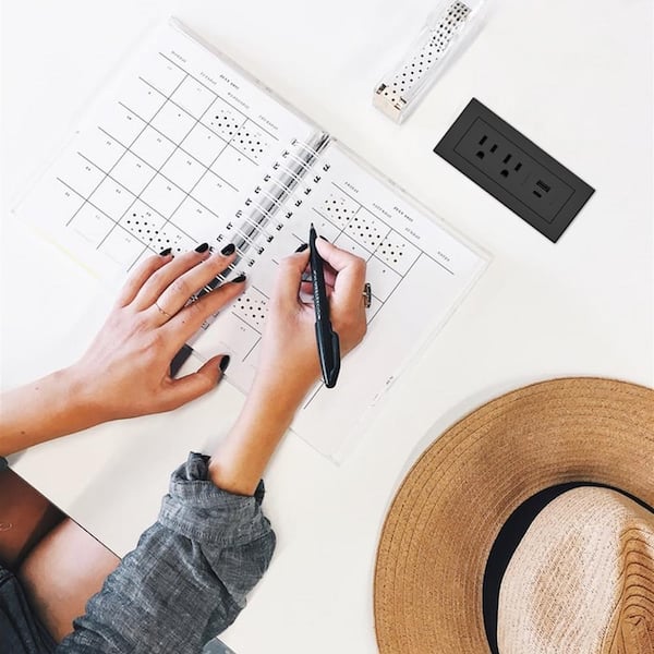 radiant 15 Amp Black 2-Outlet and 2 Type A/C USB Recessed Furniture Power Strip with 6 Ft. Cord