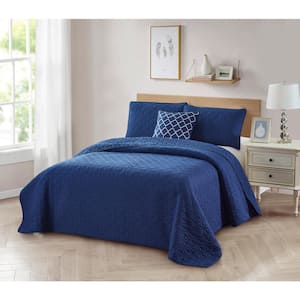 4 Piece Navy Solid Full/Queen Microfiber Quilt Set with Cushion