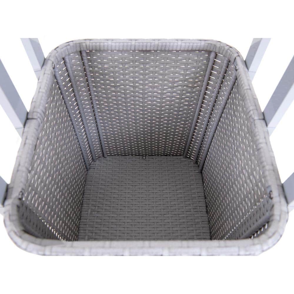 Gray Aluminum Pool Towel Valet Tower with Wicker Storage Basket