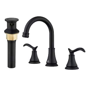 8 in. Widespread Double Handle Bathroom Sink Faucet with 360° Swivel Spout, Stainless Steel Drain Kit in Matte Black