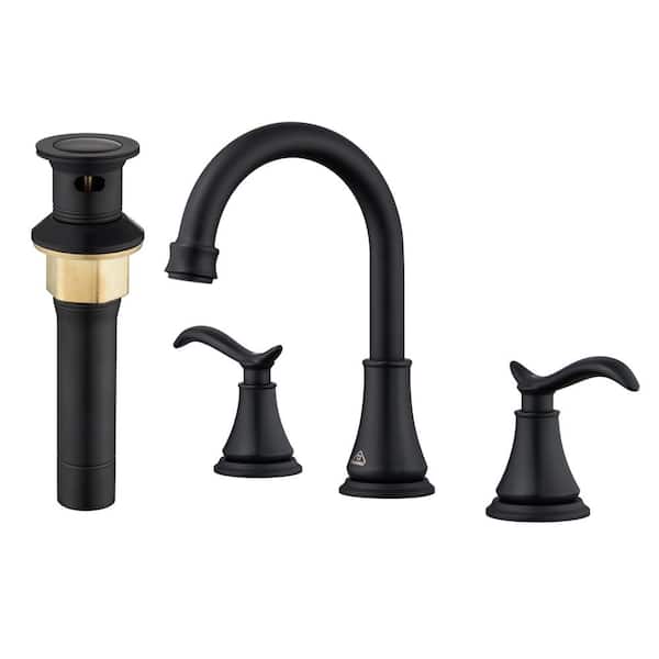 8 in. Widespread Double Handle Bathroom Sink Faucet with 360° Swivel Spout, Stainless Steel Drain Kit in Matte Black