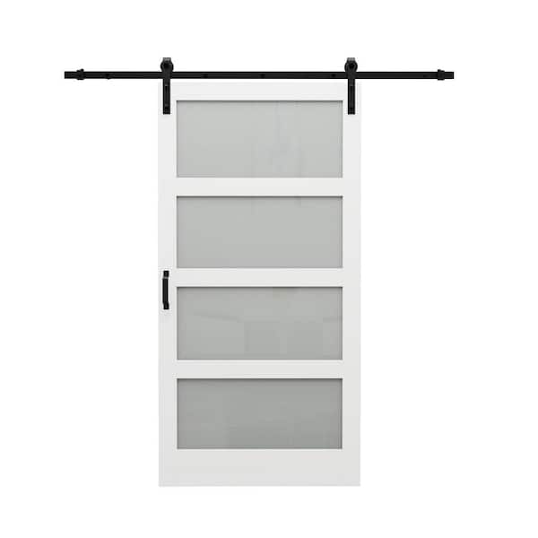 36 in. x 84 in. 4 Lite Tempered Frosted Glass White Prefinished MDF Barn Door Slab with Hardware Kit