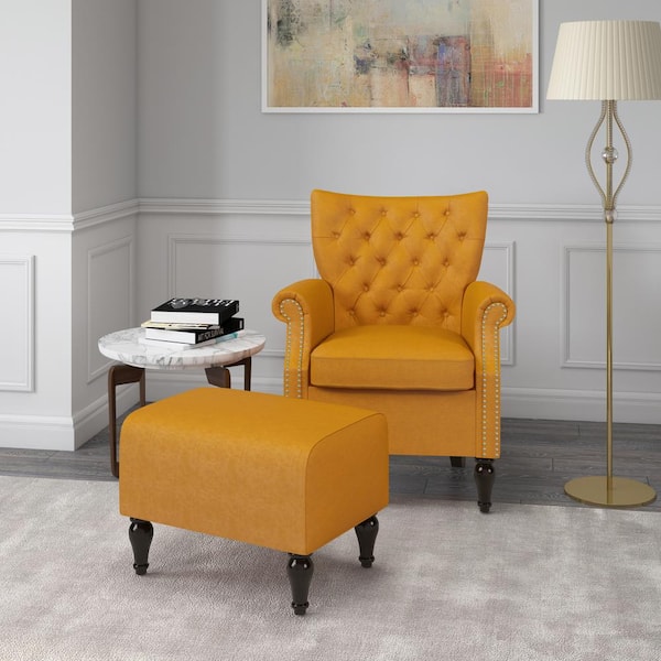 Mustard Set Handy Gold Chair A153102 Rolled The - and Button Margaux Ottoman Arm Velvet Home Depot Living Tufted