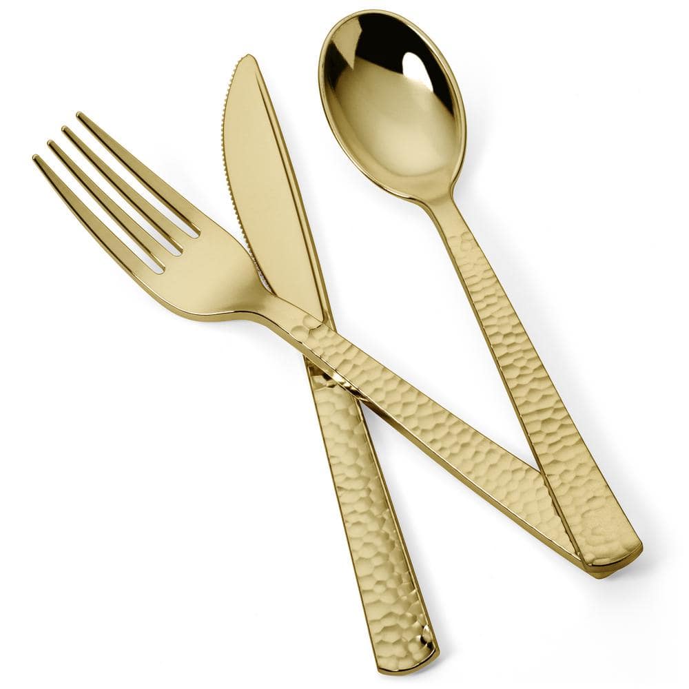 Perfect Settings Tableware 150 Pieces Gold Plastic Disposable Cutlery Set - Metallic Plastic Silverware With A Hammered Finish-50 Sets (Set of 150)