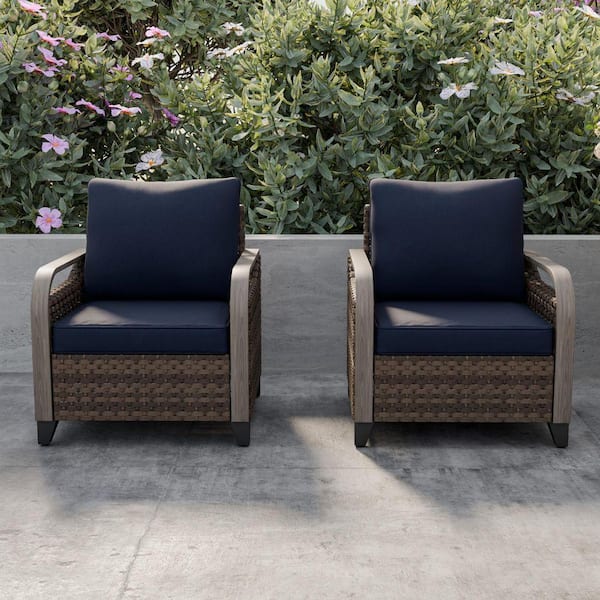 Patio Wicker Outdoor Lounge Chair with Blue Cushions(2-Pack)