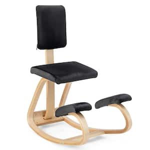 Velvet Cushioned Ergonomic Kneeling Chair in Black plus Natural Upright Posture Support Chair with Backrest