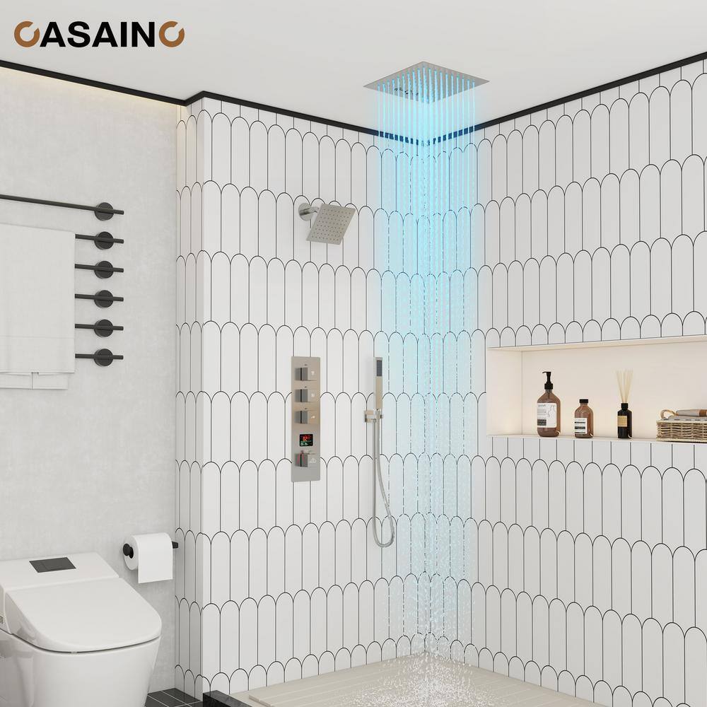 Brushed Nickel Dual Shower Head System with LED and Bluetooth